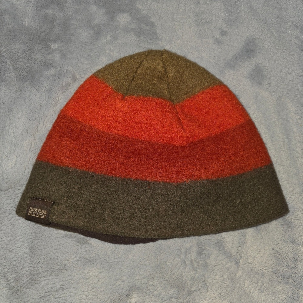 Outdoor Research Wool Beanie Striped Brown Orange Red Fleece Lined Hat Youth